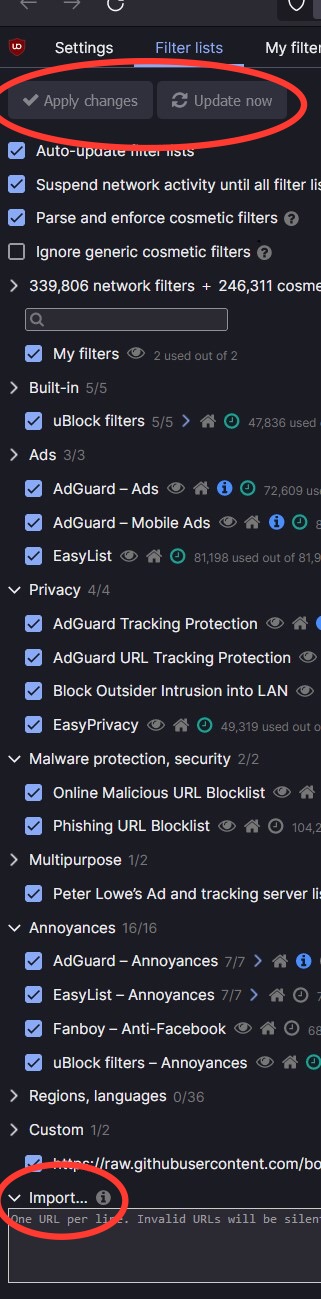 Import and Update buttons